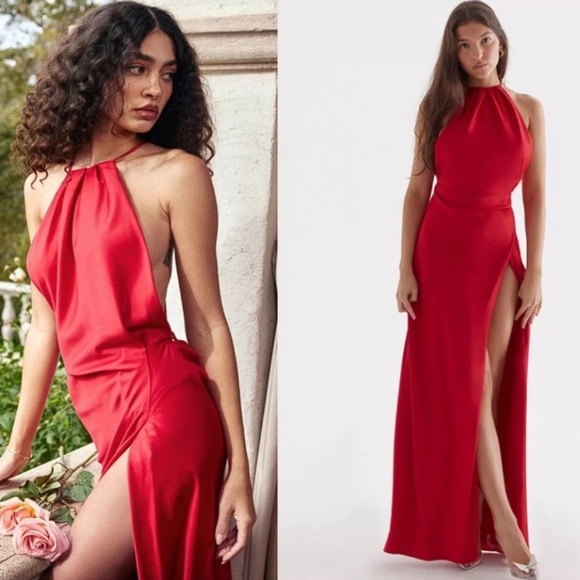 House of CB Zanab Halter Thigh-Slit Maxi Dress – Red Rose, Size L NWT Satin - Picture 3 of 10
